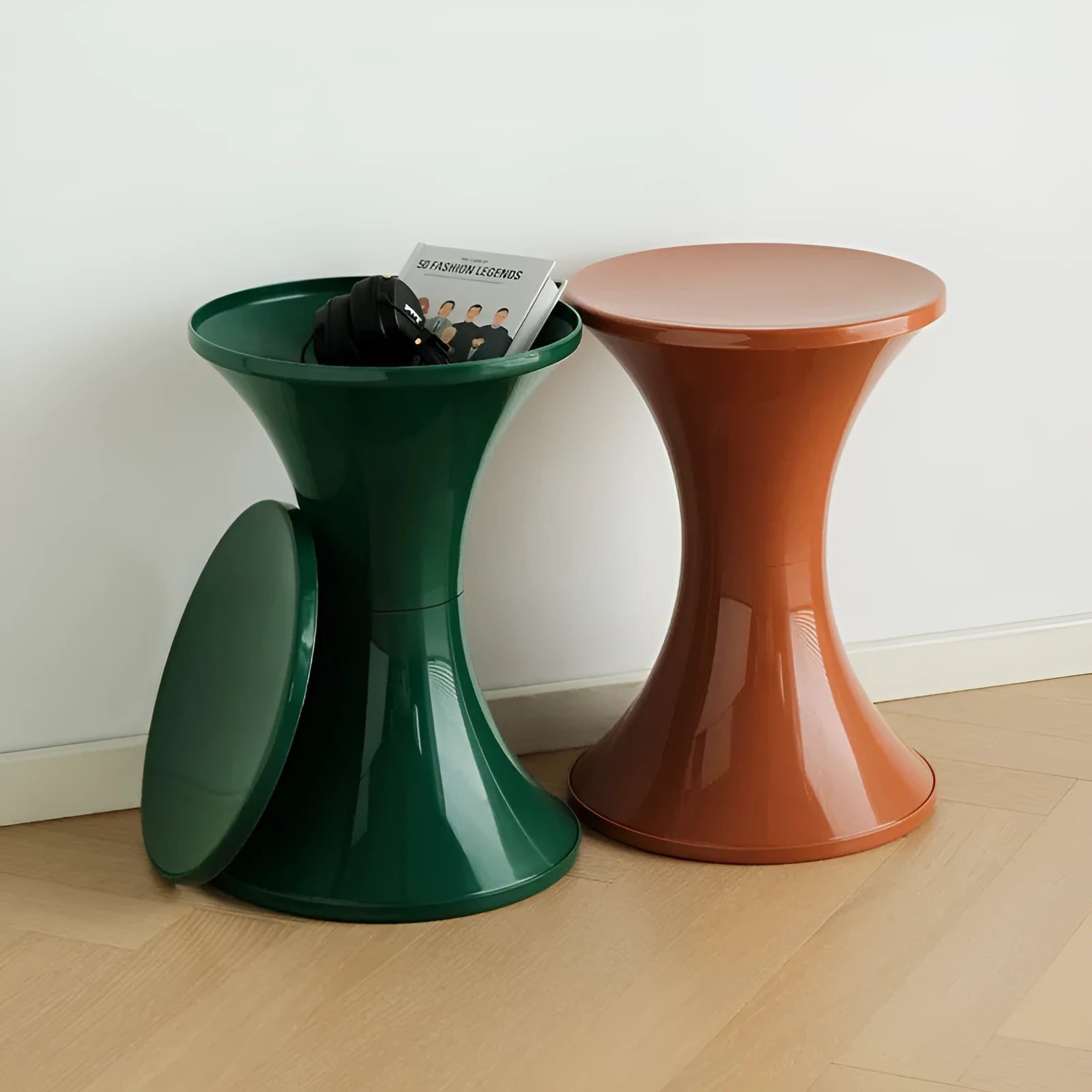 Plastic hourglass shoe changing stool in multiple colours with compact dimensions