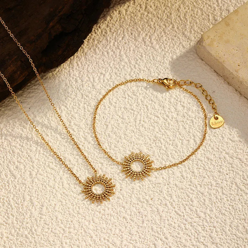 SUNFLOWER series 14K stainless steel gold chain necklace and bracelet set with geometric design