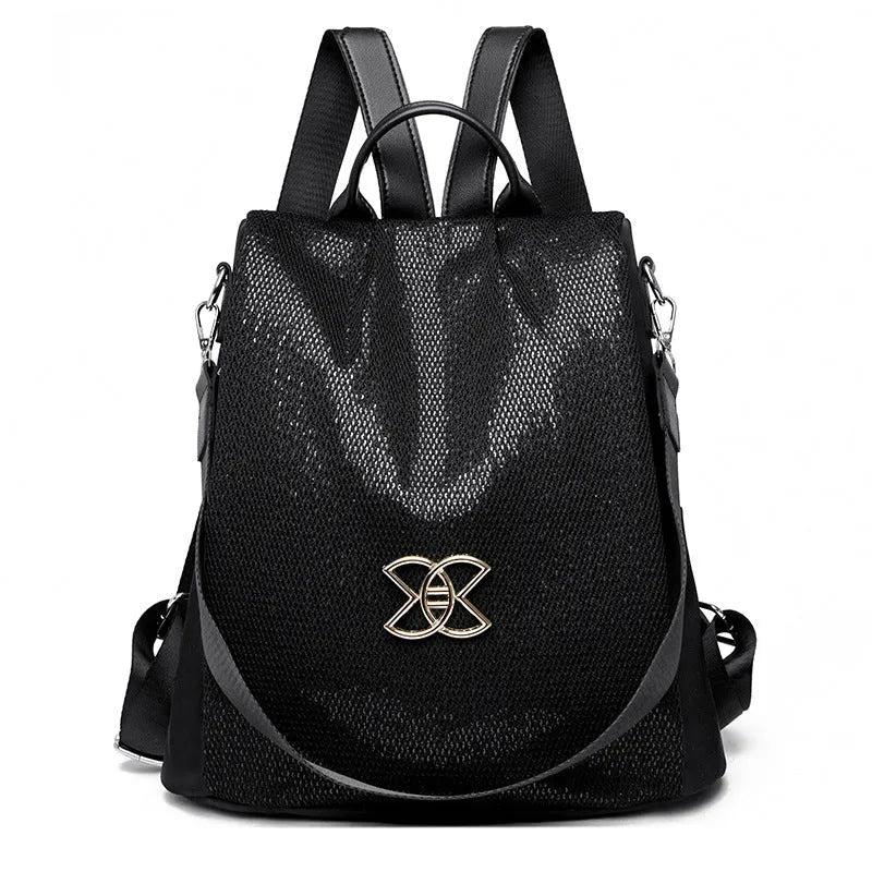Women's nylon oxford cloth large capacity anti-theft backpack in black, brown, and sequined black