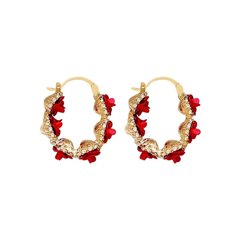 Red floral alloy clip-on earrings with rose design F155-A colour