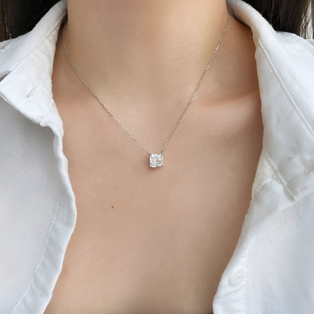 925 silver geometric pendant necklace with a 4 karat Ledean square white diamond on an adjustable clavicle chain, N166 platinum colour