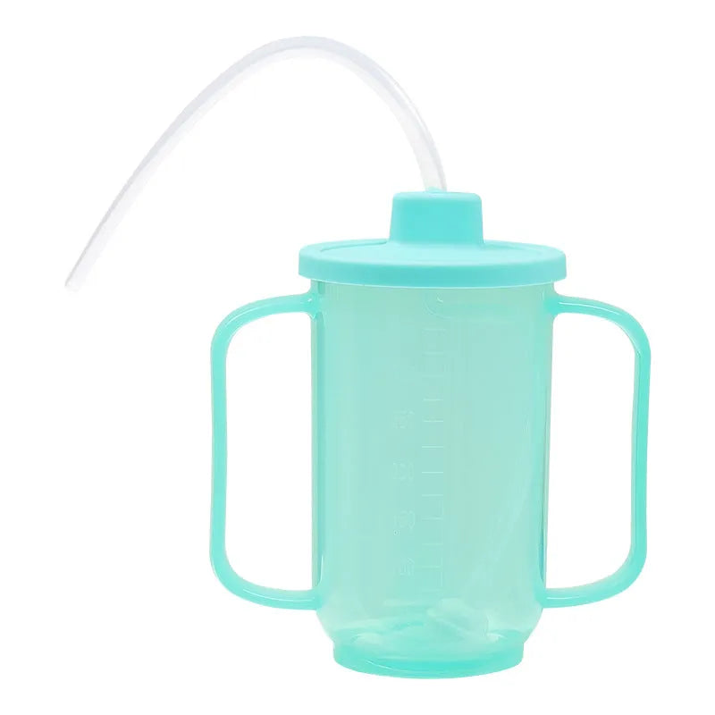 Oblique mouth anti-choke bed care cup with handle and optional wrist splint attachment