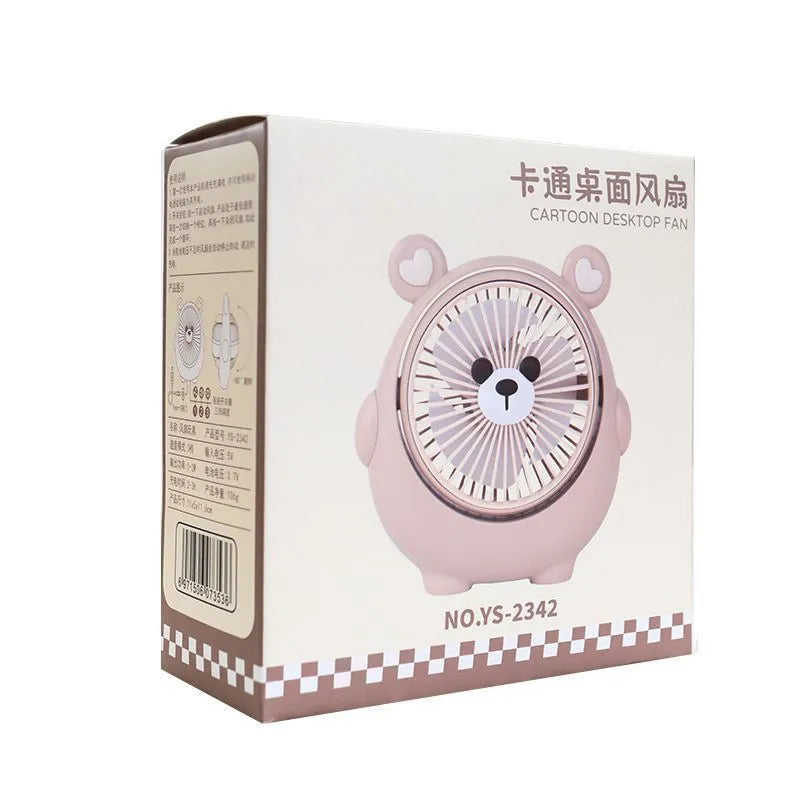 Cute animal-themed USB desk fan in brown puppy design showing three speed settings