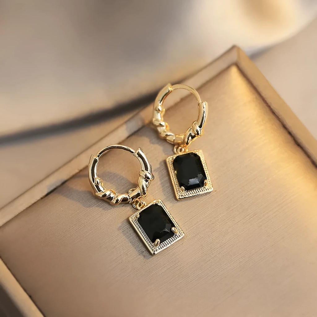 Black zircon French court earrings with geometric quadrilateral design and drop silhouette