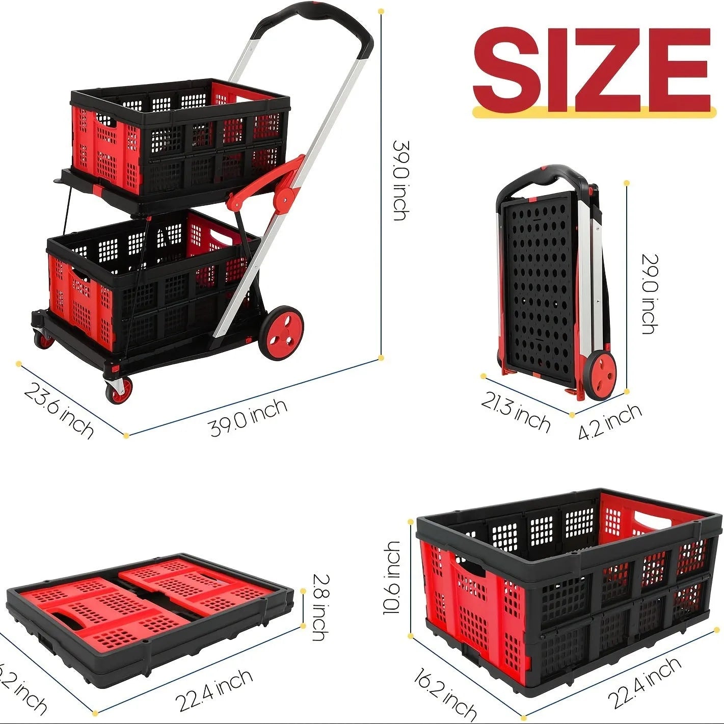 Blue foldable shopping cart with two plastic baskets, shown in an open, ready-to-use position.