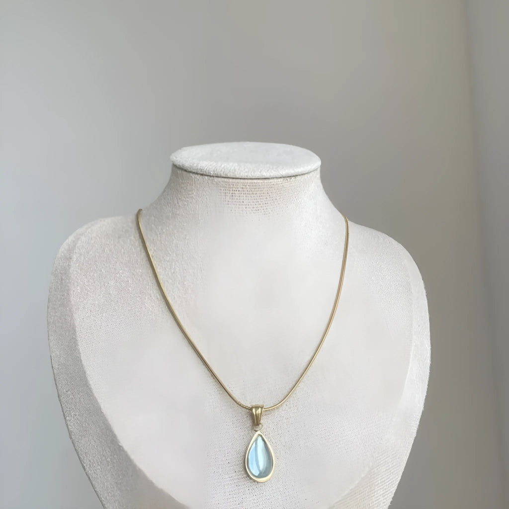 Retro water drop necklace with a blue or green gemstone pendant on a titanium steel snake bone chain.