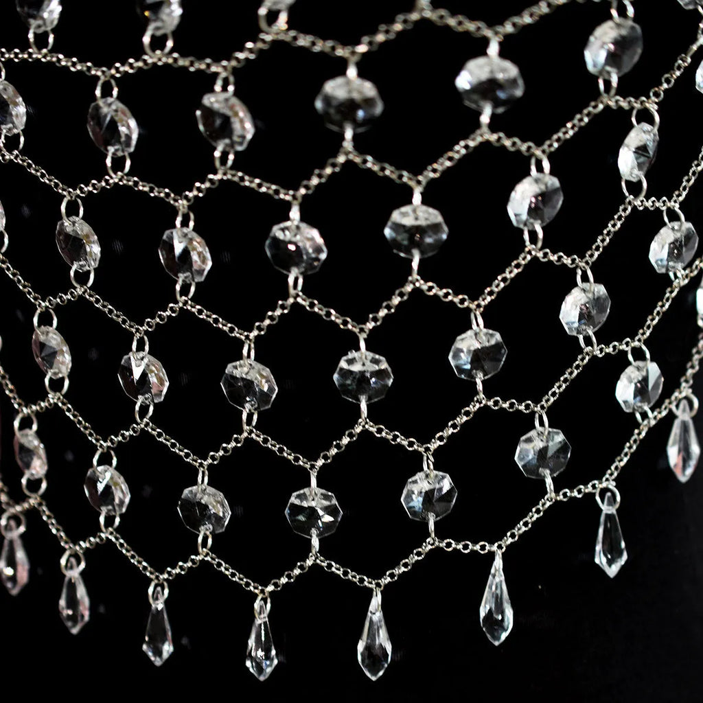 Transparent acrylic crystal body chain with hand-woven plastic and resin sequins in round shapes