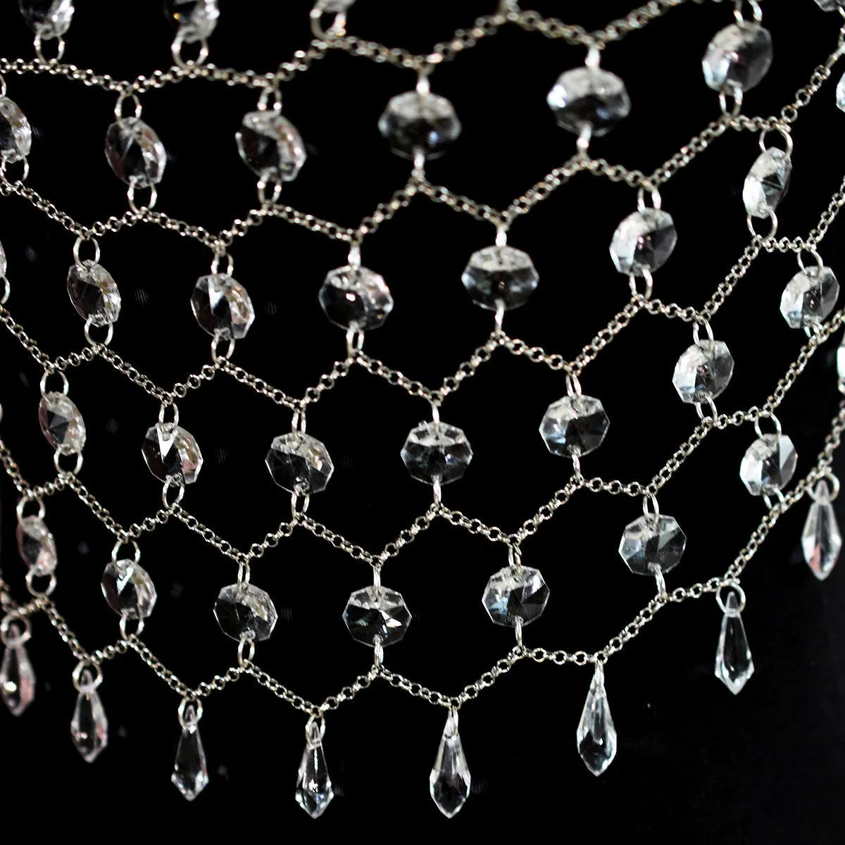 Transparent acrylic crystal body chain with hand-woven plastic and resin sequins in round shapes