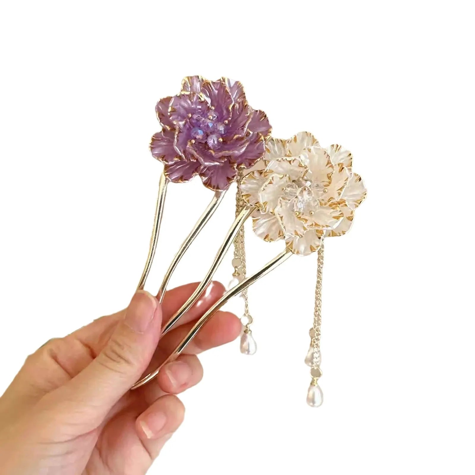 Purple and white peony flower U-shaped hairpin with retro tassel decoration on alloy barrette