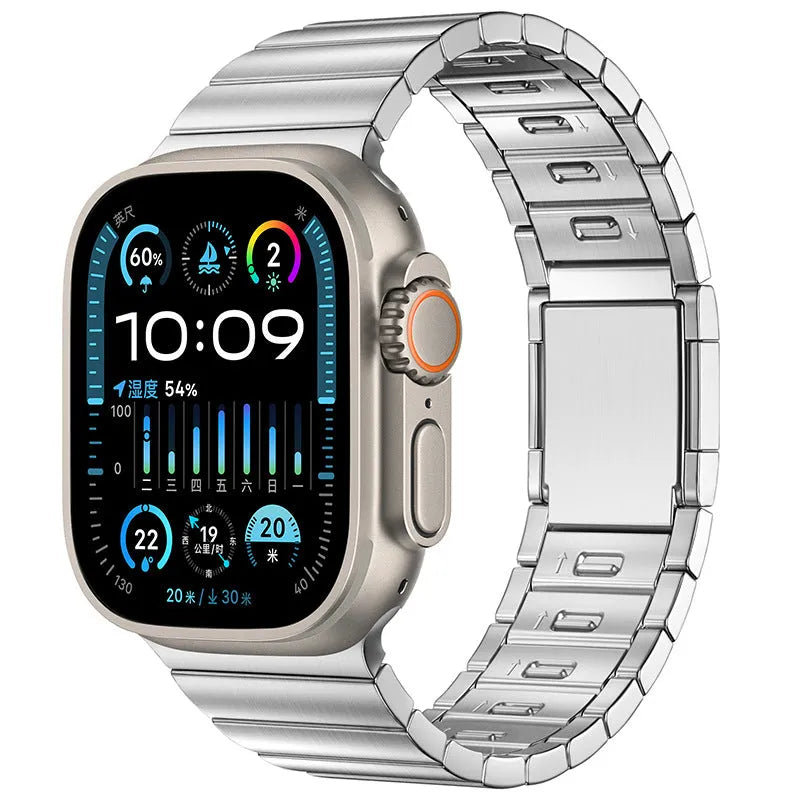 Stainless steel Apple Watch strap with magnetic buckle in business style, showing silver colour option
