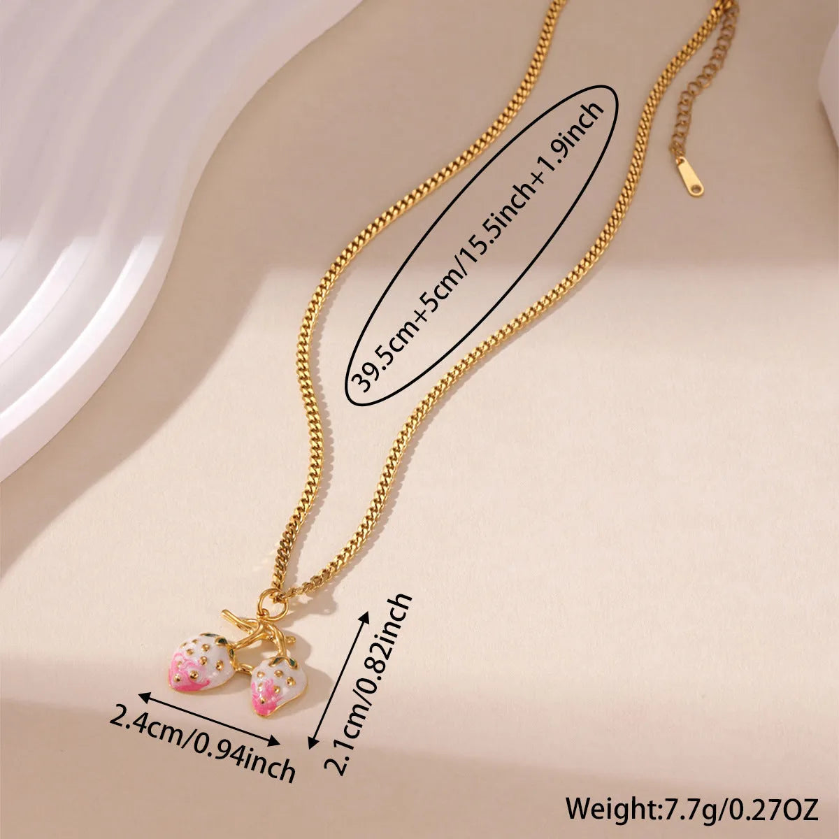 Stainless steel strawberry-shaped pendant necklace on an alloy chain in red or white gradient finish.