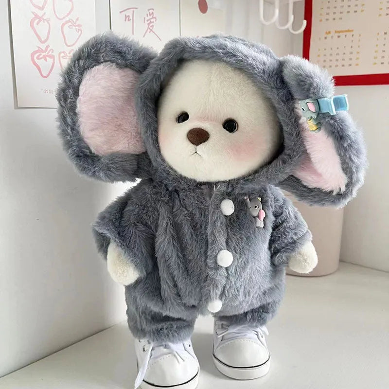 Grey plush elephant jumpsuit doll clothing for a 30cm Lina bear.