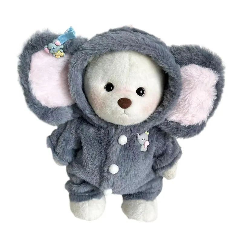Grey plush elephant jumpsuit doll clothing for a 30cm Lina bear.