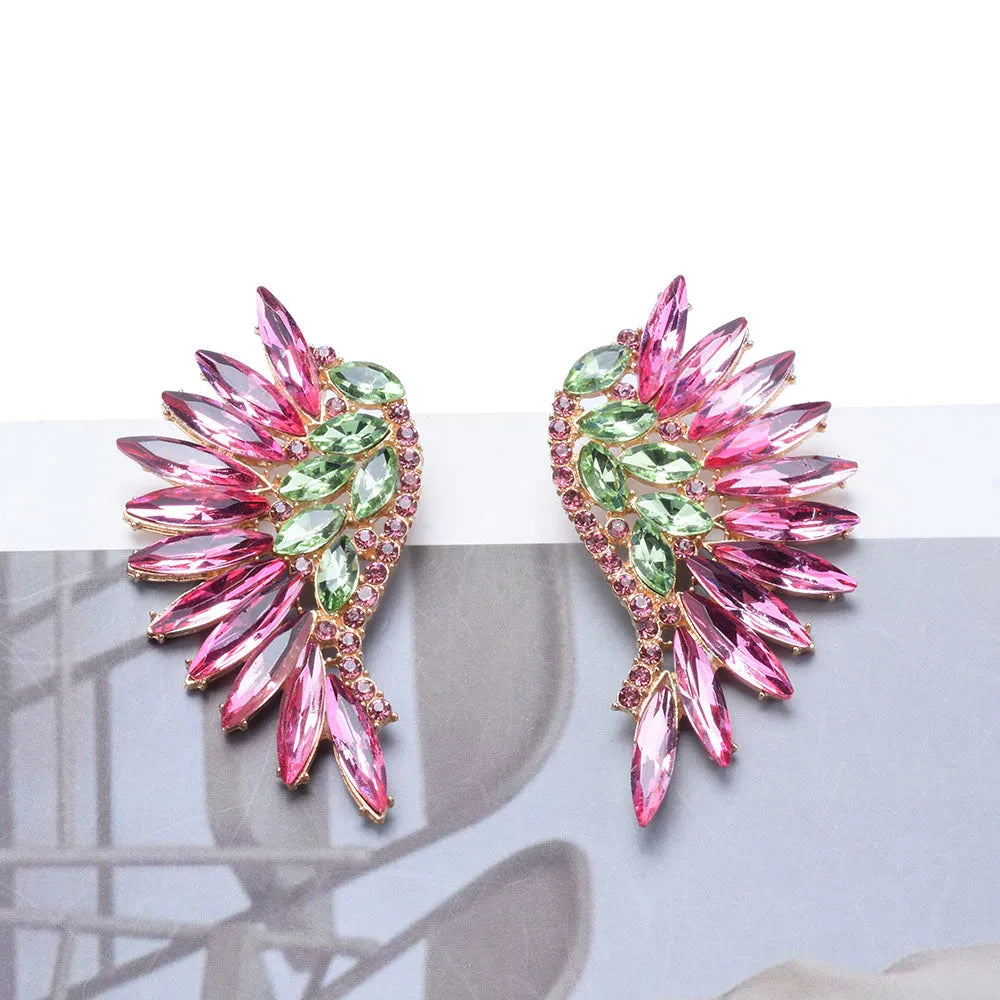 Women's exaggerated long flower earrings with rhinestone petals, 5cm drop, available in 6 colour options