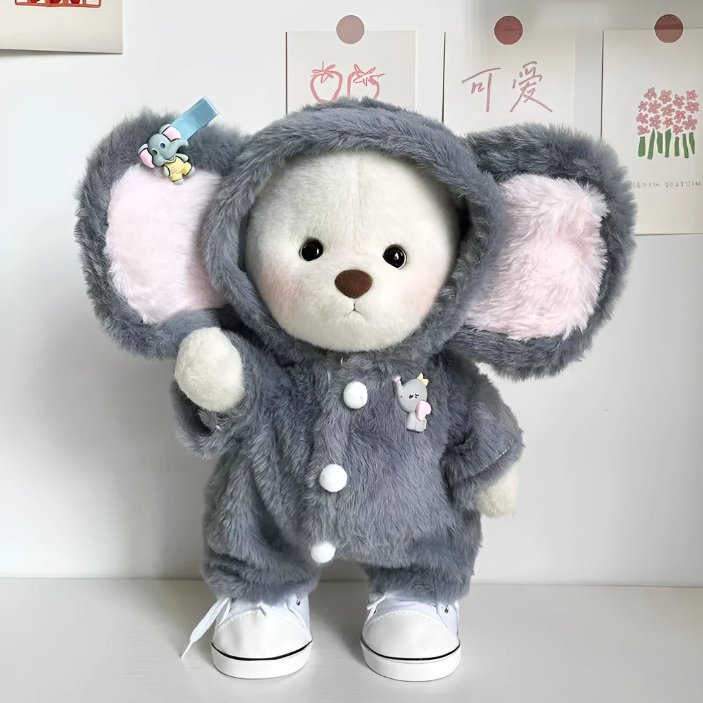 Grey plush elephant jumpsuit doll clothing for a 30cm Lina bear.