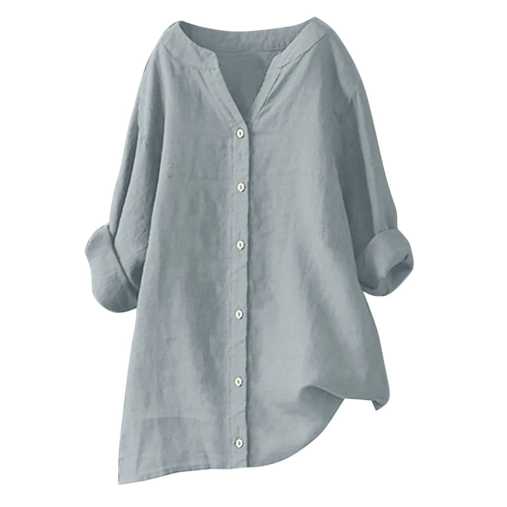 Women's cotton and linen long sleeve button shirt in loose fit, solid colour, front view