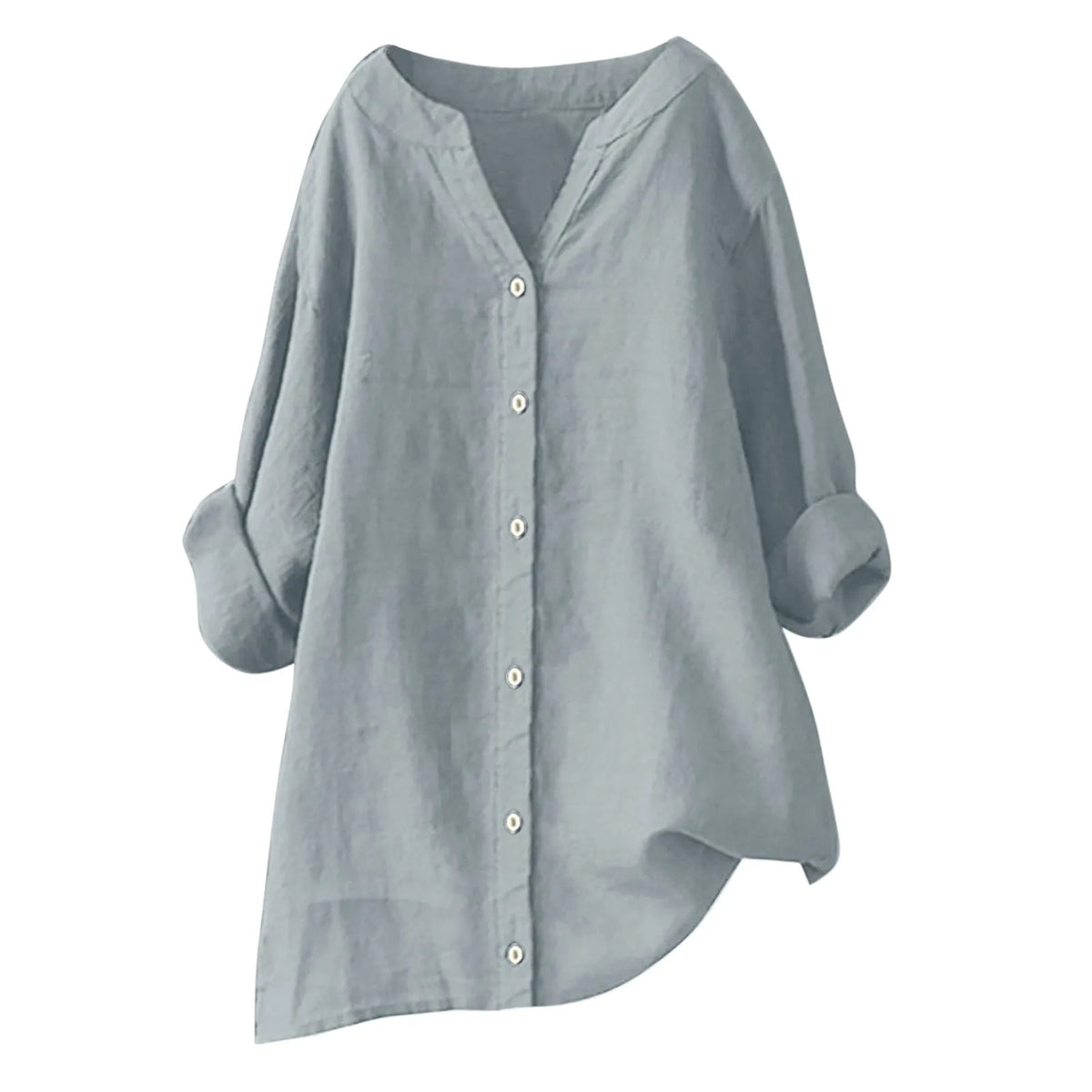 Women's cotton and linen long sleeve button shirt in loose fit, solid colour, front view
