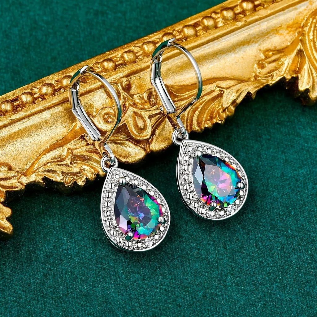 Platinum zinc alloy earrings with a coloured water drop stone in simple style