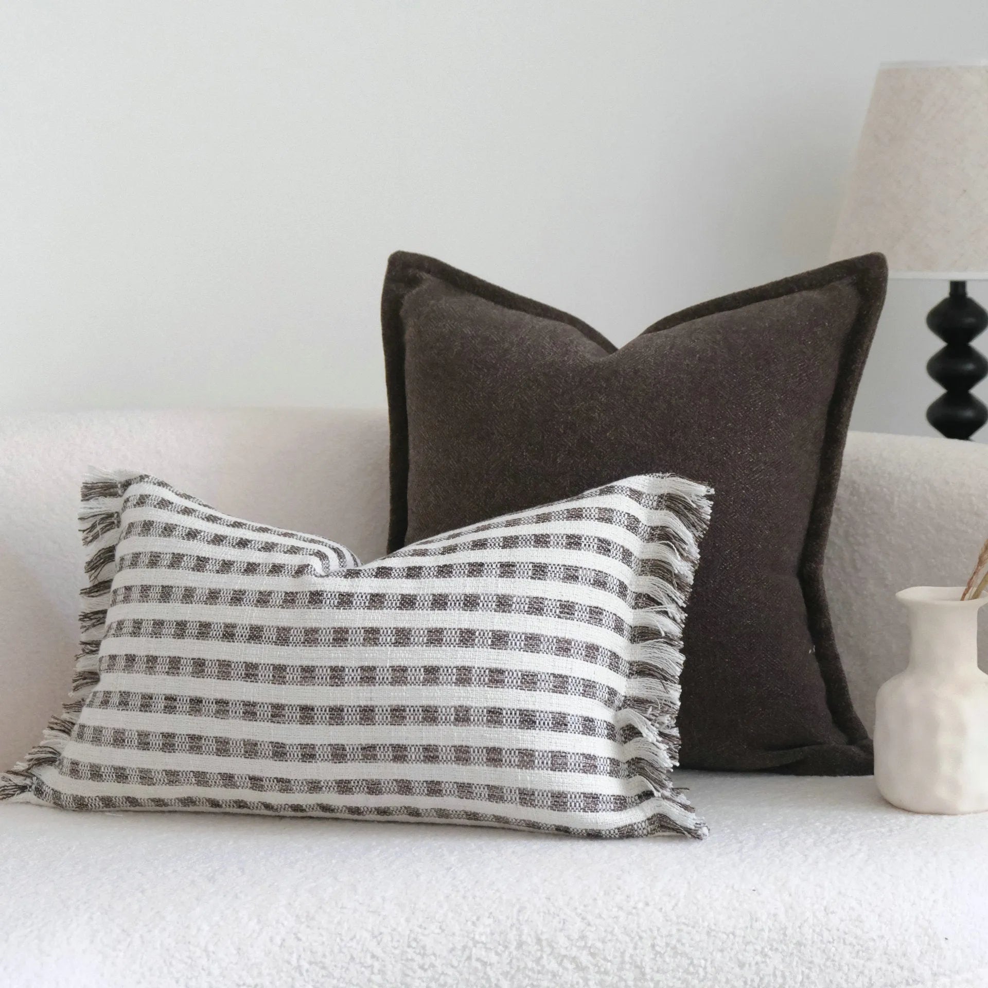 Coffee brown striped mid-century cushion pillow on sofa in square and rectangular sizes