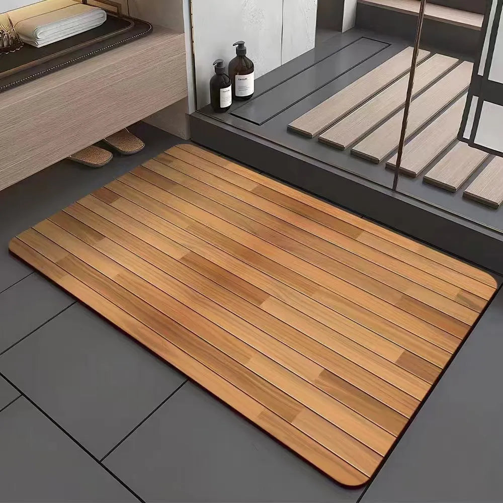 Square American-style floor mat with geometric wood grain pattern for bathroom doorway.
