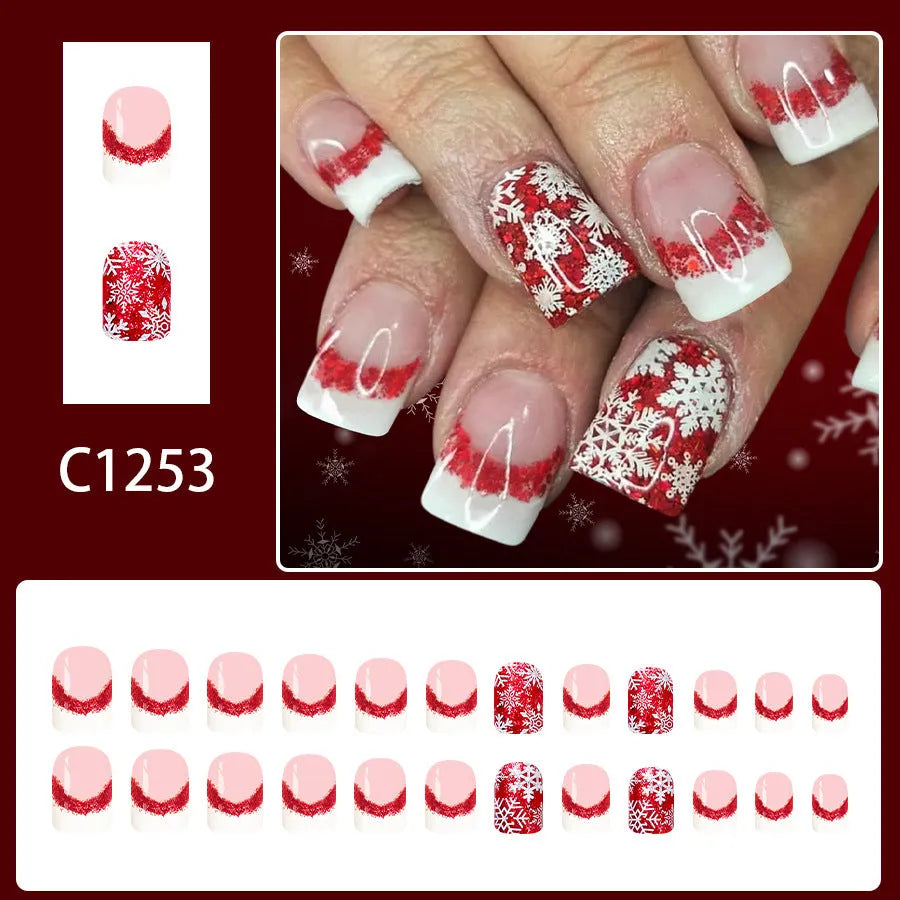 Short glossy square false nails in white French style colour C1253