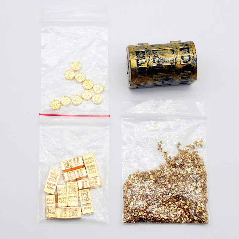 Set of metal alloy gold coin and gold bar miniature ornaments for dollhouse accessories.