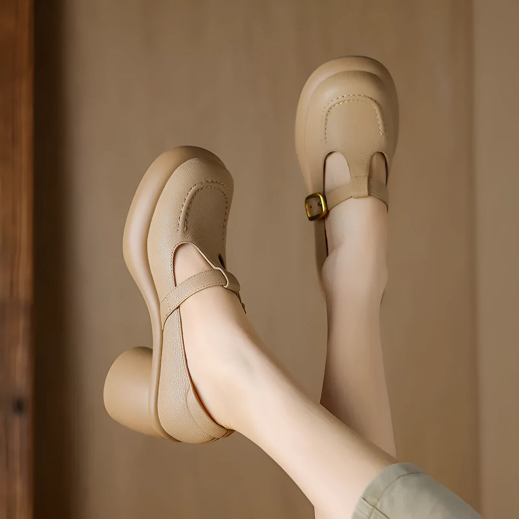 British style women's platform leather shoes in apricot colour with round toe and buckle strap