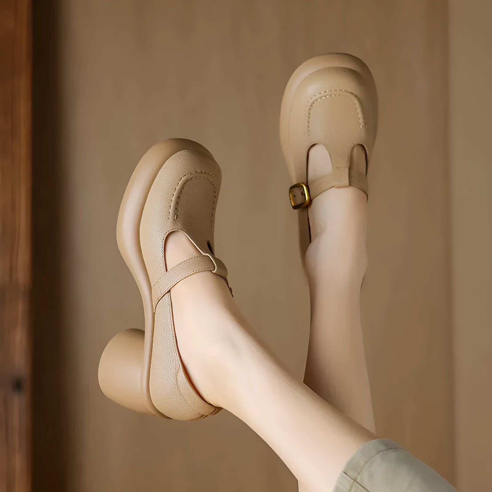 British style women's platform leather shoes in apricot colour with round toe and buckle strap
