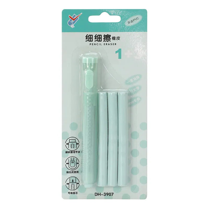 Blue push-type automatic children's eraser with traceless function, 12cm long.