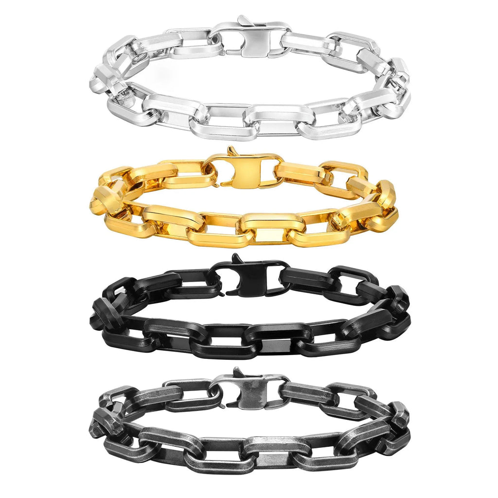 Stainless steel square chain bracelet for men in black, gold, retro and steel colour finishes