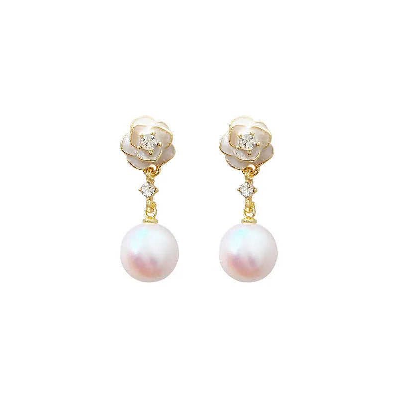 Camellia pearl flower stud earrings for women with gold-tone alloy and faux pearl centre