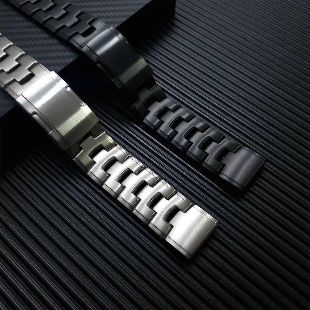 Metal watch strap for Garmin Jiaming Fenix series in silver, black, titanium colours, showing 22mm and 26mm size options.