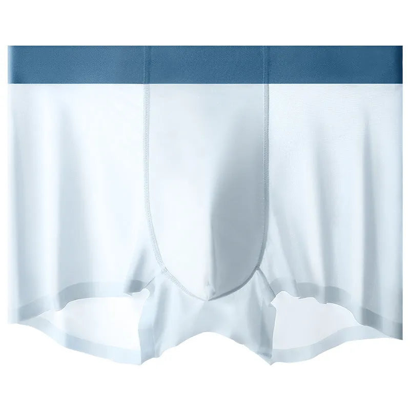 Men's ice silk shorts in bean green, shown front view, highlighting seamless knit construction.