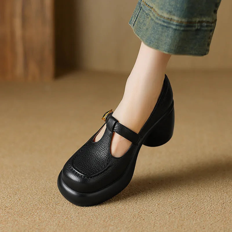 British style women's platform leather shoes in apricot colour with round toe and buckle strap