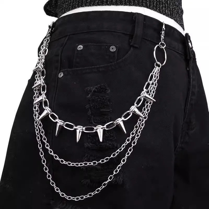 Silver punk metal chain pants decoration with rivets and zipper detailing, 115cm length