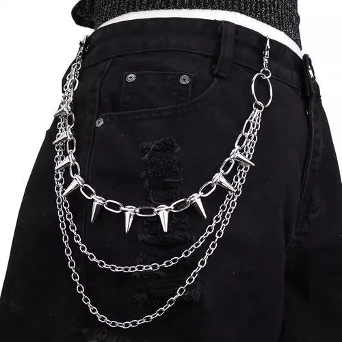 Silver punk metal chain pants decoration with rivets and zipper detailing, 115cm length