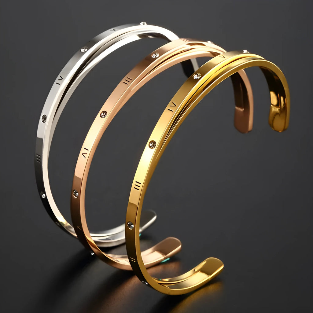 Ladies open-ended bracelet with zircon inlay in stainless steel with electroplated rose, gold or steel finish