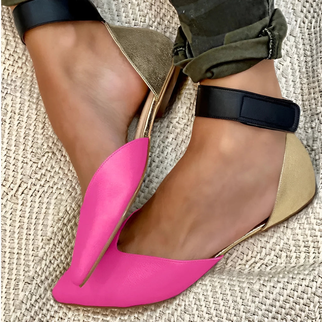 Women's beige velcro sandals with hollowed PU leather upper and flat heel