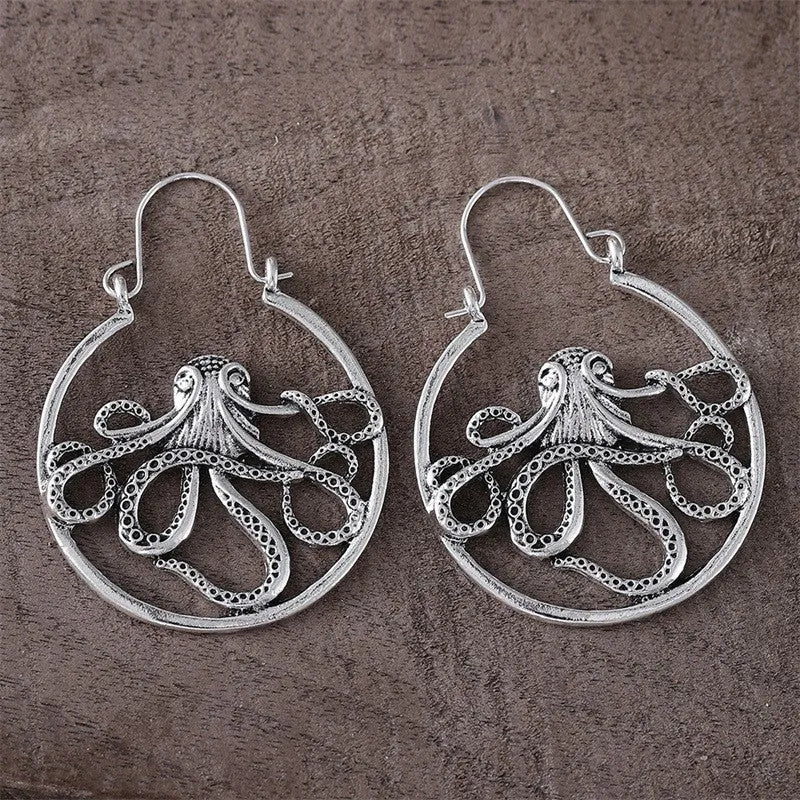 Vintage antique silver octopus earrings with zinc alloy construction and retro styling