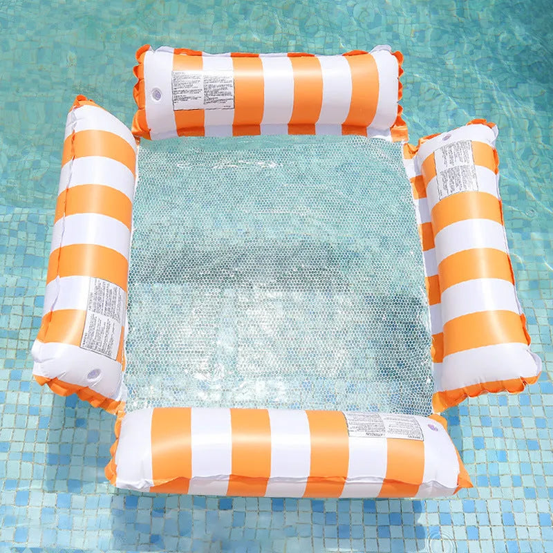 Inflatable four-tube deck chair floating on water with a striped pattern and mesh centre seat.