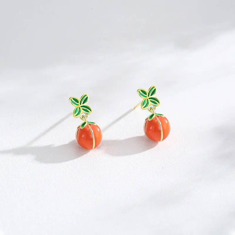 925 sterling silver persimmon stud earrings with lucky fruit design in New Chinese style