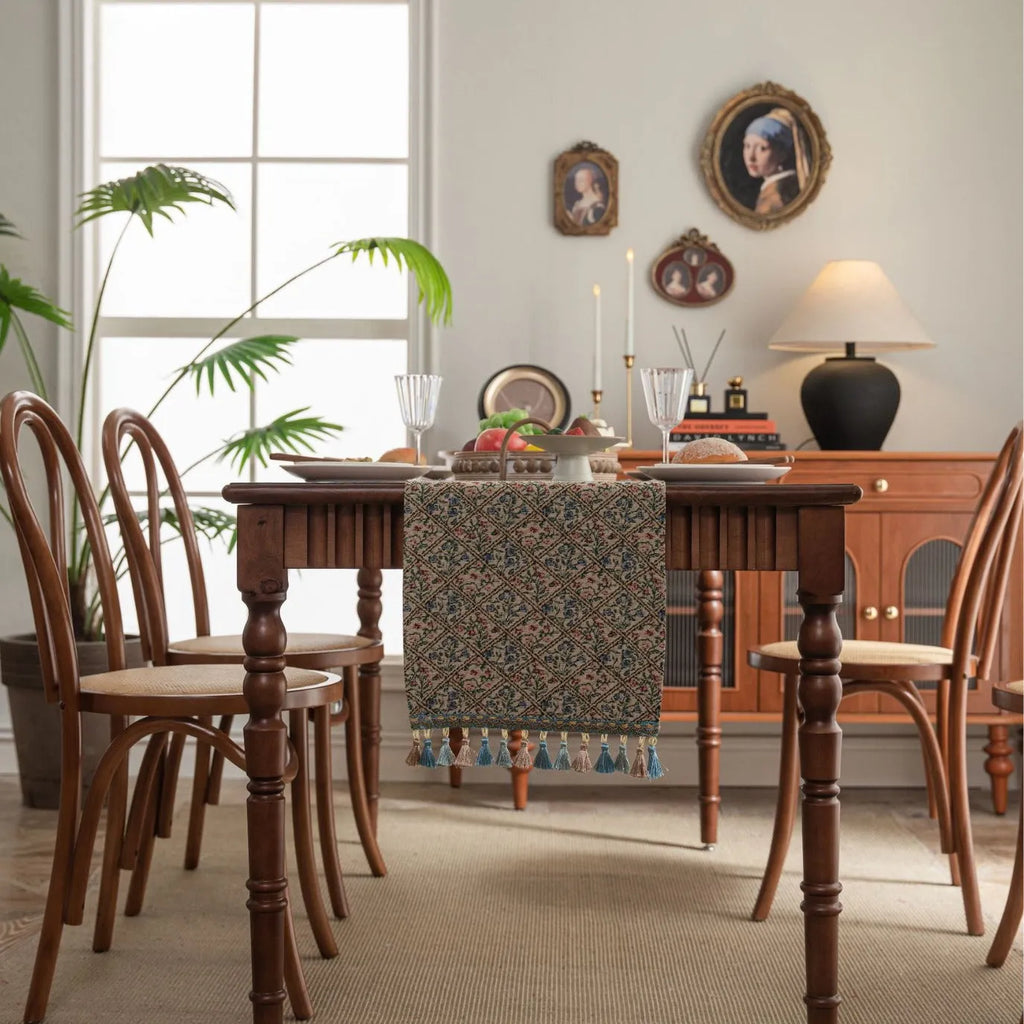 Nordic Jacquard striped bouquet pattern table runner with decorative tassels in dark blue