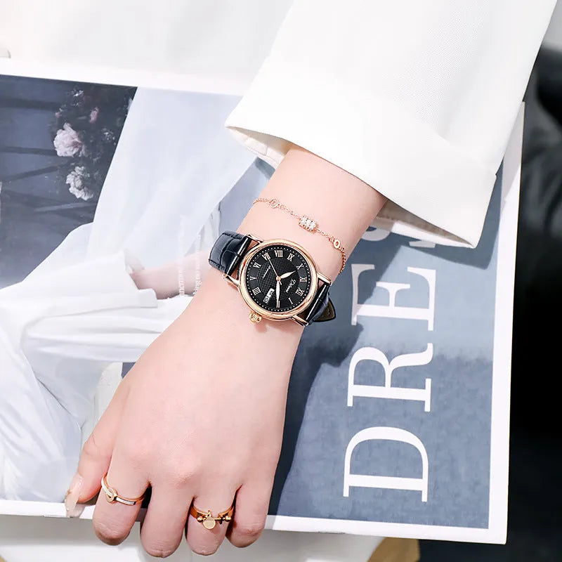 Women's automatic mechanical fashion watch with steel bracelet and white dial showing 12mm thickness
