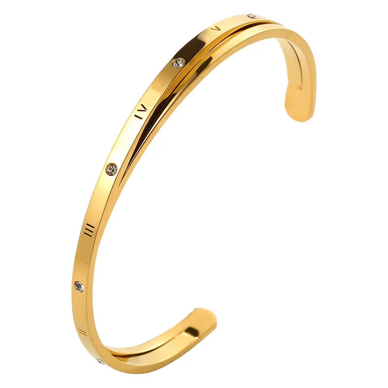 Ladies open-ended bracelet with zircon inlay in stainless steel with electroplated rose, gold or steel finish