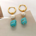 Geometric copper earrings with turquoise stones and cultured pearls, showing both short and long styles.