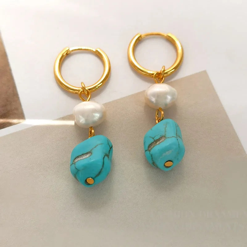 Geometric copper earrings with turquoise stones and cultured pearls, showing both short and long styles.