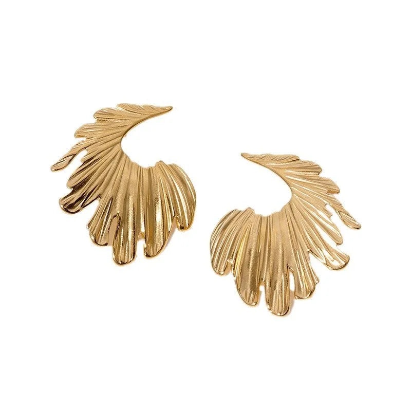 Stainless steel leaf stud earrings with electroplated gold or steel finish