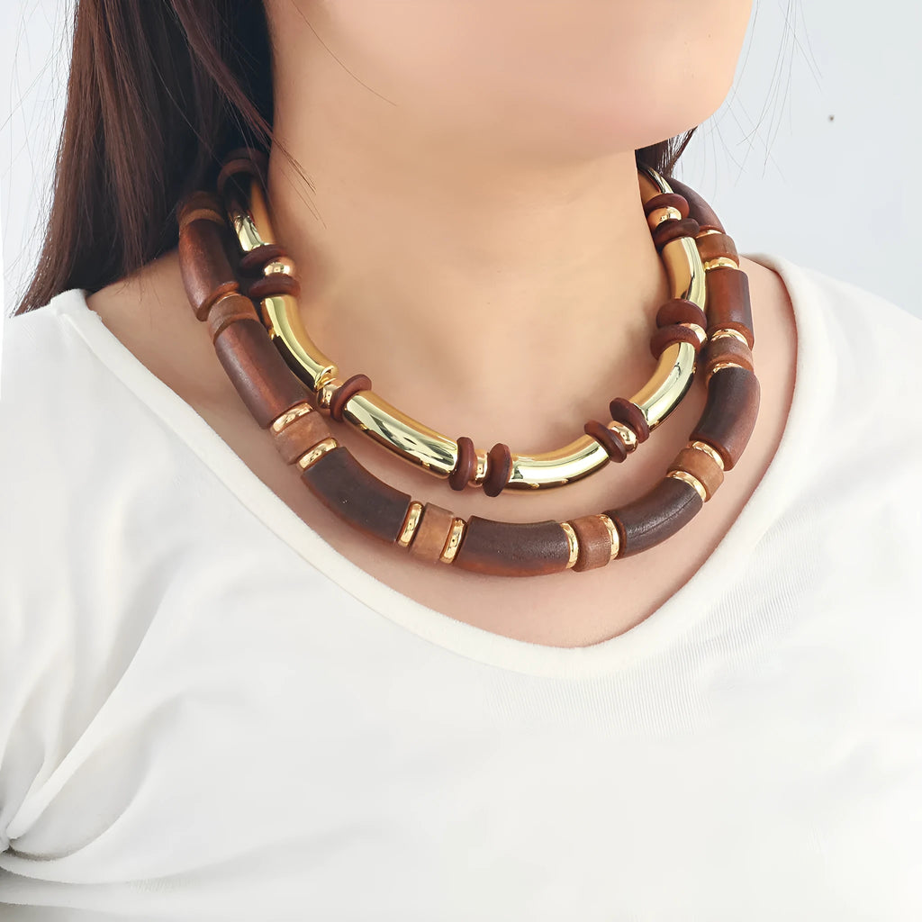 Women's multi-layer wooden necklace and bracelet set with alloy round pendant