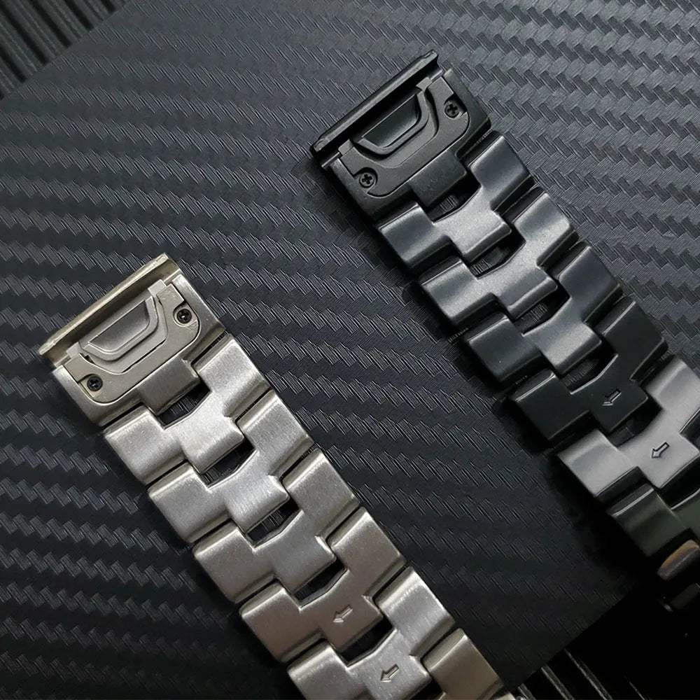 Metal watch strap for Garmin Jiaming Fenix series in silver, black, titanium colours, showing 22mm and 26mm size options.