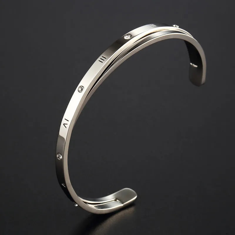 Ladies open-ended bracelet with zircon inlay in stainless steel with electroplated rose, gold or steel finish